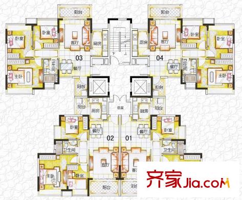 敏捷春天花園戶型圖洋房7-8座標準層01-04戶型 3室2廳1衛(wèi)1廚