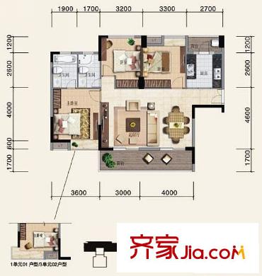 濱江公館戶型圖1#1單元02戶型 3室2廳2衛(wèi)1廚