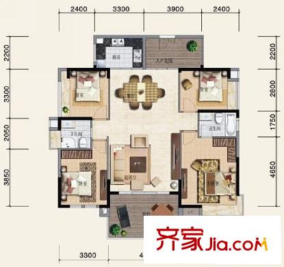 濱江公館戶型圖1#1、2單元03戶型 4室3廳3衛(wèi)1廚