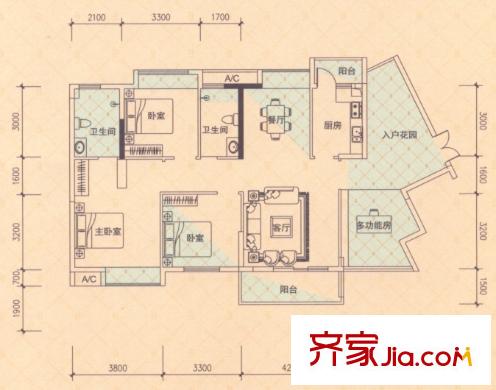 濱江公館戶型圖5棟2單元01戶型 3室2廳2衛(wèi)1廚