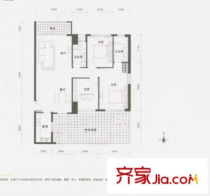 龍城國際戶型圖龍慶閣04戶型偶數(shù)層平面圖 3室2廳2衛(wèi)1廚