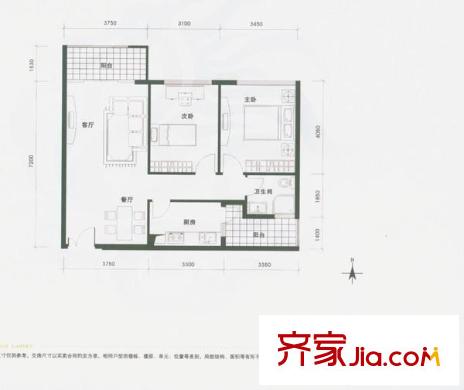 龍城國際戶型圖龍禧閣03戶型平面圖 2室2廳1衛(wèi)1廚