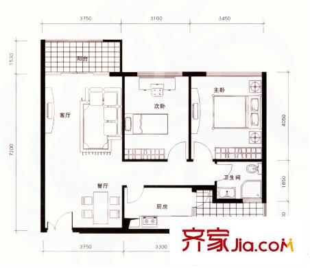 龍城國際戶型圖龍福閣標(biāo)準(zhǔn)層03戶型圖 2室2廳1衛(wèi)1廚