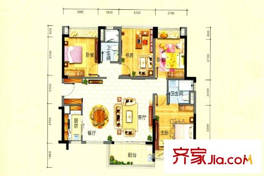 龍泉幸福里花園1棟02戶型 4室2廳2衛(wèi)1廚