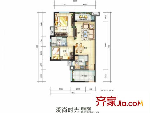 萬(wàn)科四季花城戶型圖1-3棟標(biāo)準(zhǔn)層愛尚時(shí)光戶型 2室2廳1衛(wèi)1廚