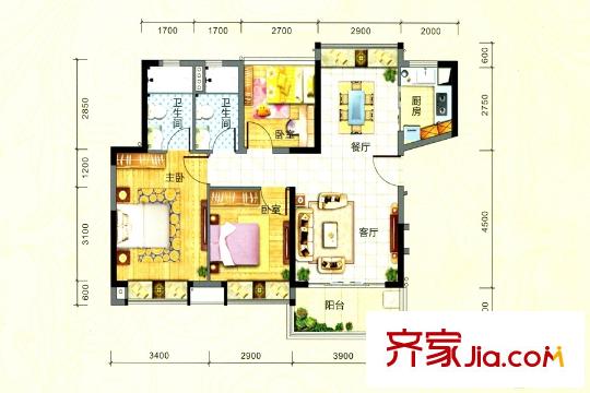 龍泉幸福里花園1棟01戶型 3室2廳2衛(wèi)1廚