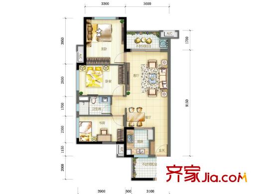 萬科金悅香樹戶型圖9-15號(hào)樓A戶型 3室2廳1衛(wèi)1廚