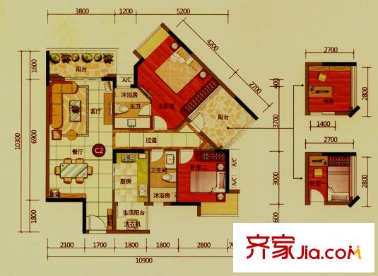 沙田東港城上郡戶型圖4區(qū)3棟3單元標(biāo)準(zhǔn)層02戶型 2室2廳2衛(wèi)1廚