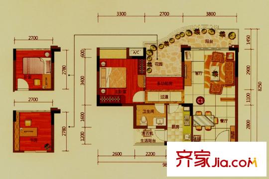 沙田東港城上郡戶型圖4區(qū)3棟3單元標(biāo)準(zhǔn)層03戶型 1室2廳1衛(wèi)1廚