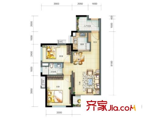 萬科金悅香樹戶型圖9-15號(hào)樓C戶型 2室2廳1衛(wèi)1廚