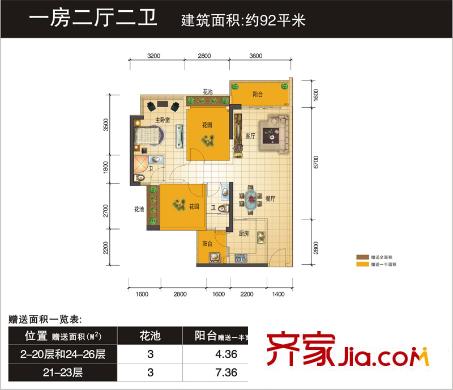 水岸香洲C戶型 1室2廳2衛(wèi)1廚