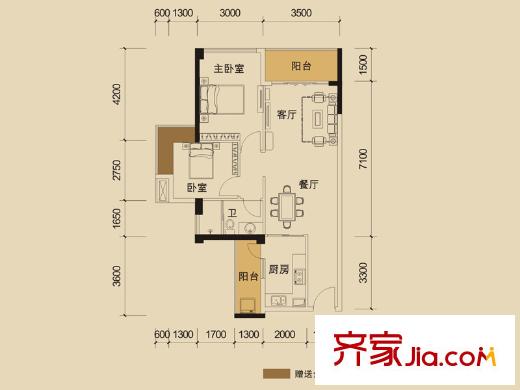 水岸香洲11棟A1戶型 2室2廳1衛(wèi)1廚