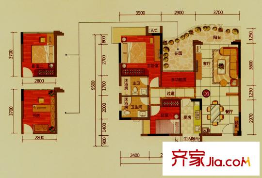 沙田東港城上郡戶型圖4區(qū)3棟1單元標(biāo)準(zhǔn)層03戶型 2室2廳2衛(wèi)1廚