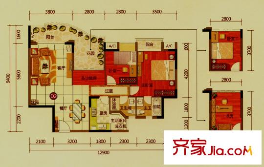 沙田東港城上郡戶型圖4區(qū)3棟1單元標(biāo)準(zhǔn)層02戶型 2室2廳2衛(wèi)1廚