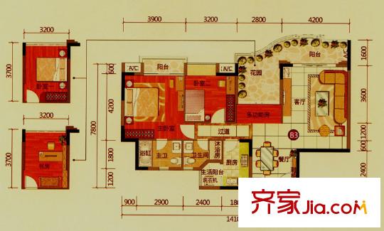 沙田東港城上郡戶型圖4區(qū)3棟4單元標(biāo)準(zhǔn)層02戶型 2室2廳2衛(wèi)1廚