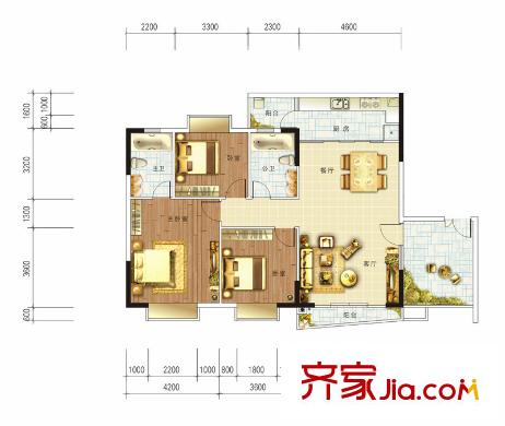 獅子洋1號戶型圖9-11棟標準層B4戶型 3室2廳2衛(wèi)1廚