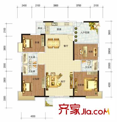 獅子洋1號(hào)戶型圖6-8棟標(biāo)準(zhǔn)層D1戶型 4室2廳3衛(wèi)1廚