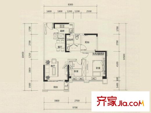 坪山招商花園城戶型圖03戶型 3室2廳1衛(wèi)1廚