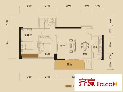 水岸香洲11棟A4戶型 2室2廳1衛(wèi)1廚
