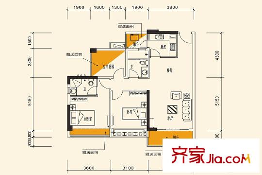 水岸香洲15-17棟03-04戶型C戶型 2室2廳2衛(wèi)1廚