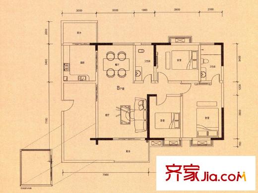 清溪商會(huì)大廈戶(hù)型圖01/02單元標(biāo)準(zhǔn)層B戶(hù)型 3室2廳2衛(wèi)1廚