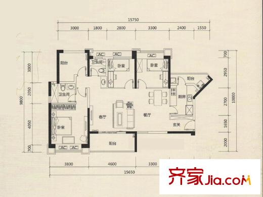 坪山招商花園城戶型圖05戶型 4室2廳2衛(wèi)1廚