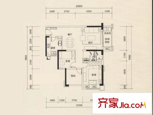 坪山招商花園城戶型圖02戶型 3室2廳1衛(wèi)1廚