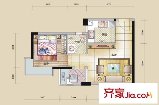 龍城一品96棟1單元C5戶型 1室1廳1衛(wèi)1廚