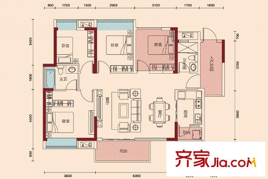 保利?陽(yáng)光城一期5棟A03/B06戶型 4室2廳2衛(wèi)1廚