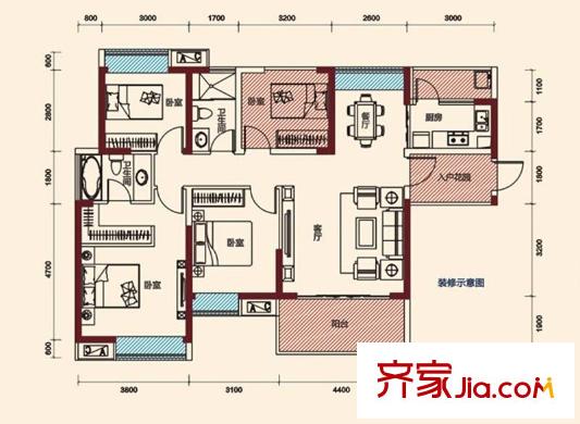 保利?陽(yáng)光城一期3-4棟D1戶型 4室2廳2衛(wèi)1廚
