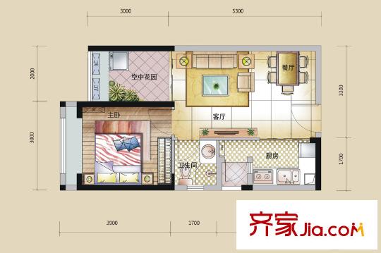 龍城一品96棟1單元C4戶型 1室2廳1衛(wèi)1廚