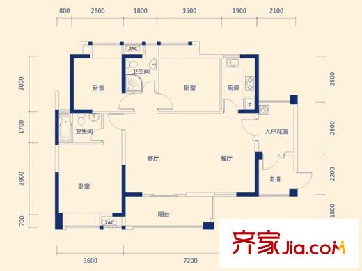 卓越東部蔚藍海岸二期G戶型 3室2廳2衛(wèi)1廚