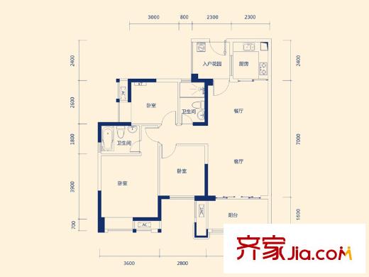 卓越東部蔚藍海岸二期A戶型 3室2廳2衛(wèi)1廚