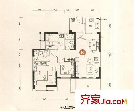 卓越東部蔚藍海岸三期K戶型 3室2廳2衛(wèi)1廚