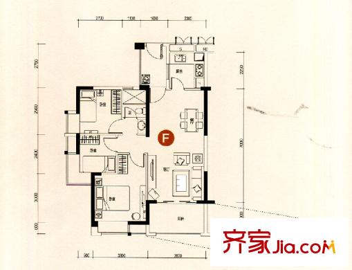 卓越東部蔚藍海岸三期F戶型 3室2廳1衛(wèi)1廚