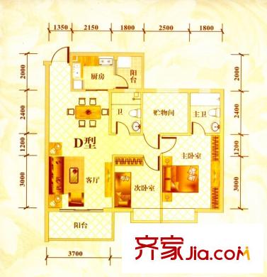 麗景名門二期戶型圖2棟標準層D戶型 3室2廳2衛(wèi)1廚