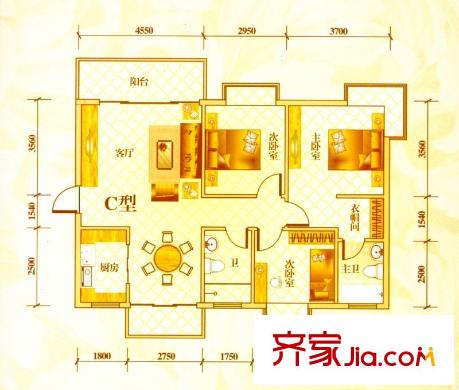 麗景名門二期戶型圖2棟標準層C戶型 3室2廳2衛(wèi)1廚