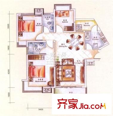 紫荊花園六期 3室2廳2衛(wèi) 戶型圖