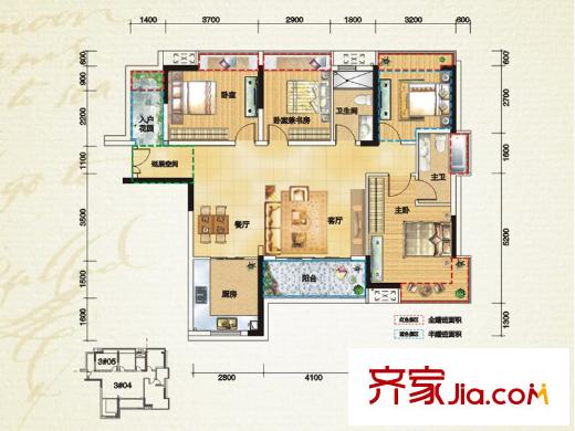 偉隆國(guó)際花園戶型圖3棟04+05戶型 3室2廳2衛(wèi)1廚