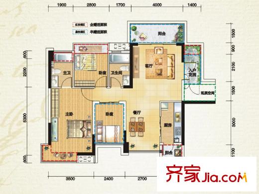 偉隆國(guó)際花園戶型圖3棟01戶型 2室2廳1衛(wèi)1廚