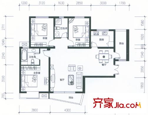 盛世8號(hào)戶型圖三單元01戶型 3室2廳2衛(wèi)