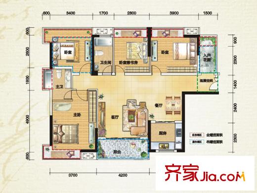 偉隆國(guó)際花園戶型圖1棟01、04戶型 3室2廳2衛(wèi)1廚