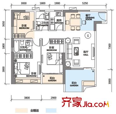 DADA的草地戶型圖A戶型 3室2廳2衛(wèi)