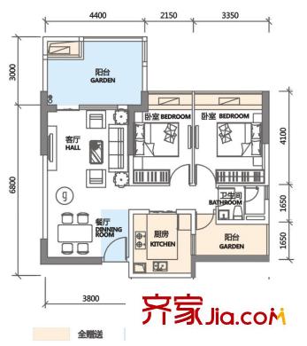 DADA的草地戶型圖G戶型 2室2廳1衛(wèi)