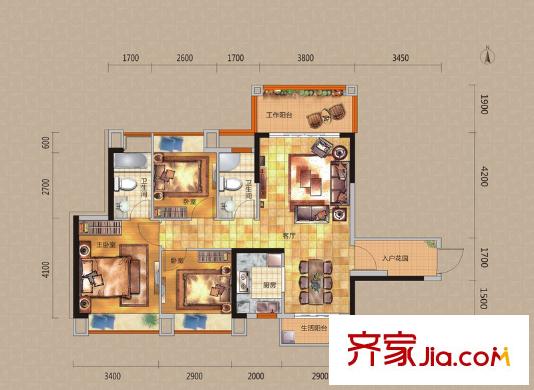 東港華府3/4棟01戶型 3室2廳2衛(wèi)1廚