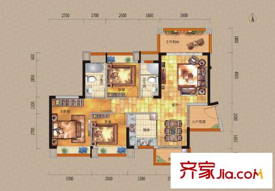 東港華府1/2棟01戶型 3室2廳2衛(wèi)1廚
