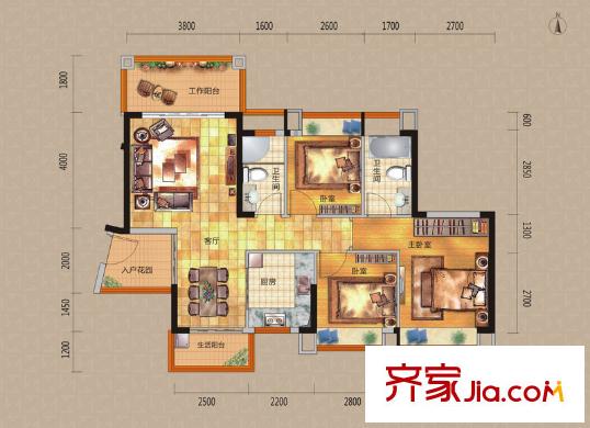 東港華府1/2棟04戶型 3室2廳2衛(wèi)1廚