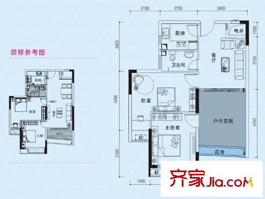 君悅藍(lán)庭1棟陽(yáng)光2-1戶型 2室1廳1衛(wèi)1廚