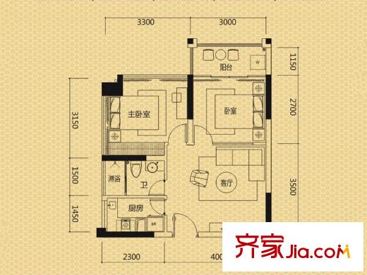 漢唐?蜜園A戶型 2室1廳1衛(wèi)1廚
