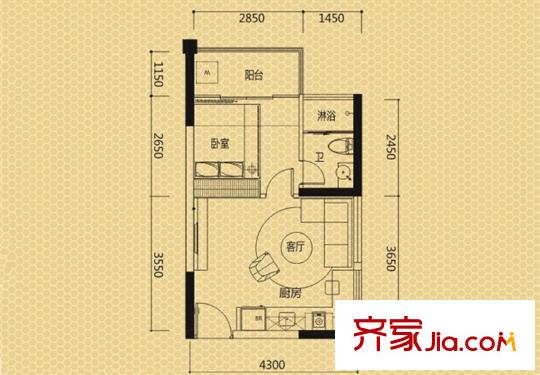 漢唐?蜜園C戶型 1室1廳1衛(wèi)1廚